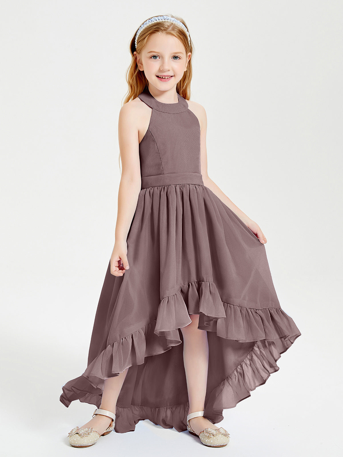 Trendy Boho Junior Bridesmaid Dresses Asymmetrical Cascading Skirt Vintage Mauve